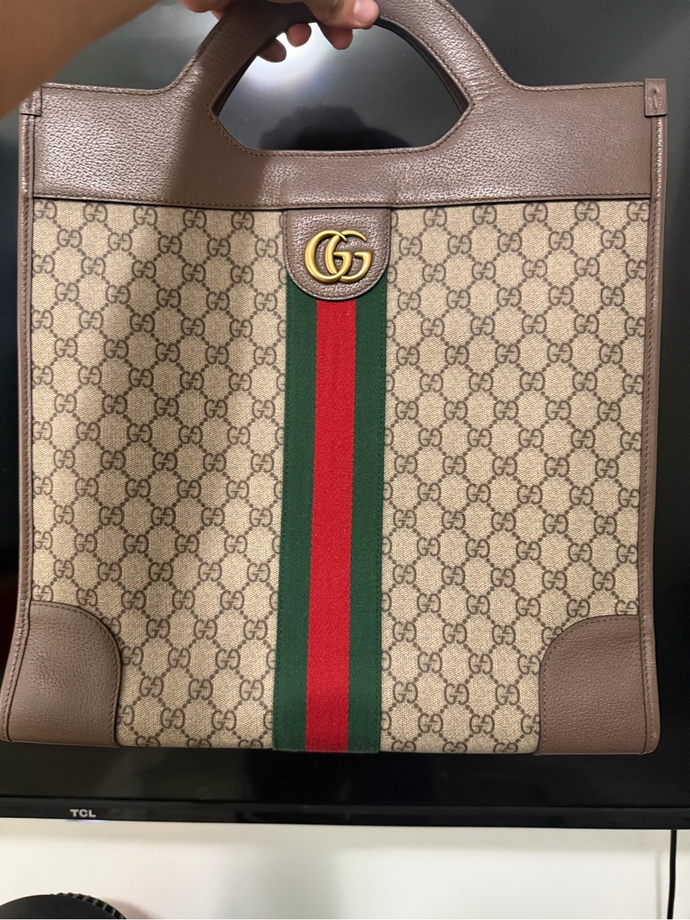 Gucci Beige GG Supreme Canvas Tote with Green-Red Web and Brown Leather Trim